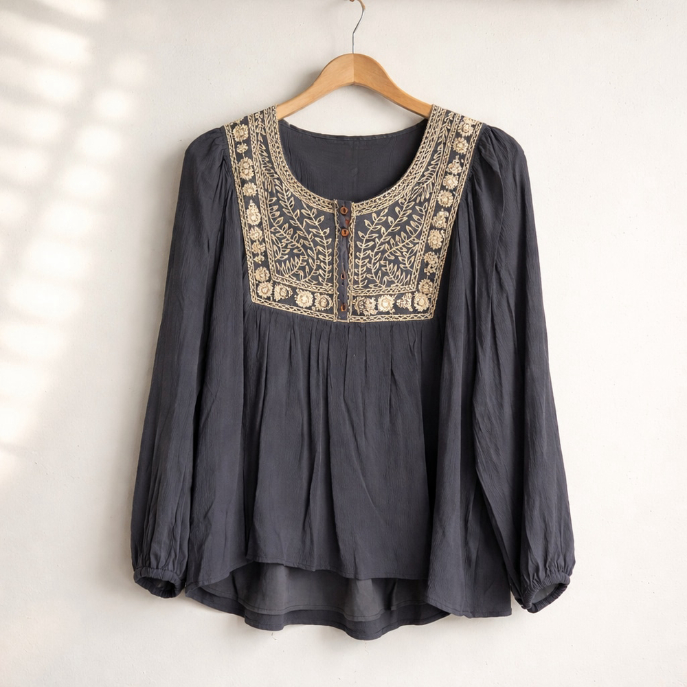 0124 NWT in bloom blue shirt with embroidery around the neck and shoulders. - Picture 2 of 10